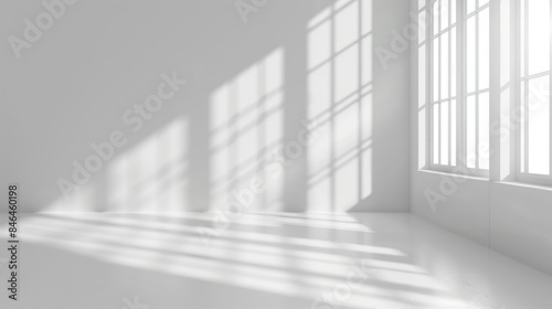 3D rendering of window shadow on a white wall background with a floor