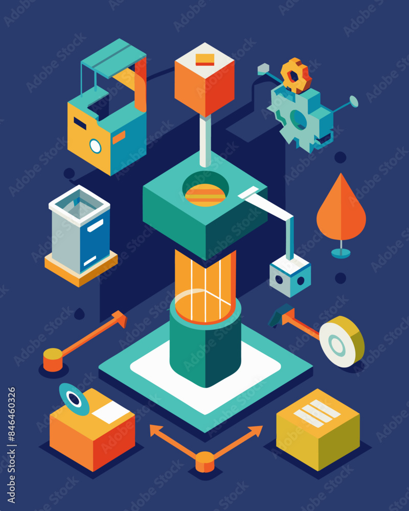 Use of 3D printing technology to reduce material waste and produce more precise products.. Vector illustration Use of 3D printing technology to reduce material waste and produce more precise products.. Vector illustration