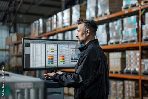 A logistics manager stands in front of a computer screen displaying warehouse inventory levels and production schedules photo