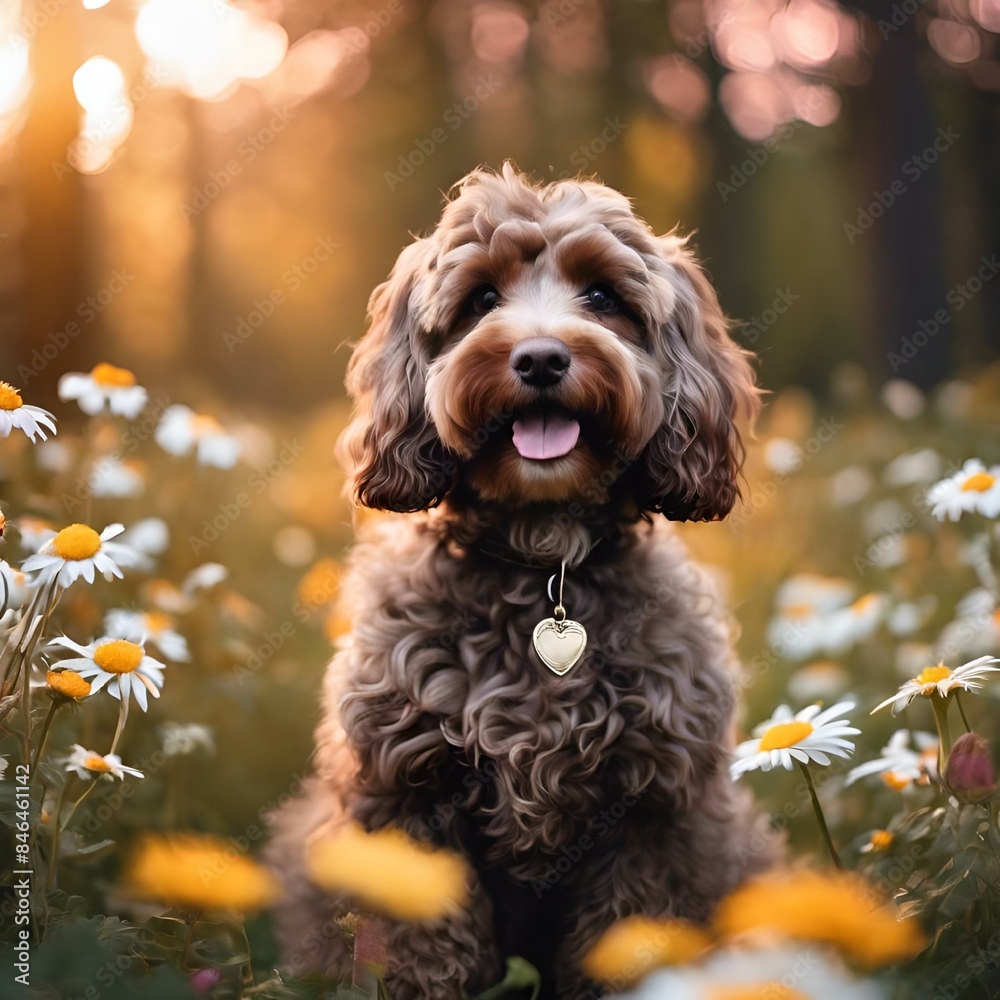 a dog sitting in a field of daisies with the sun coming down a dog sitting in a field of daisies with the sun coming down