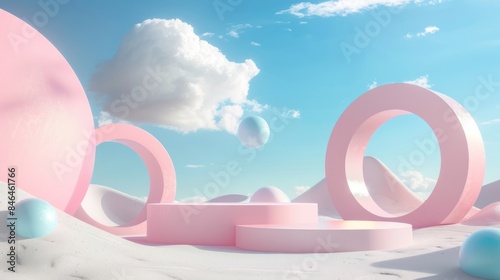 3D render of an abstract background with pastel pink and blue colors round podiums in a desert landscape with sky.