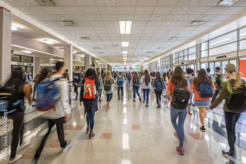 A wide-angle shot captures the bustling activity of a high school hallway as students rush between classes, showcasing a typical day in the life of a high school © Ilia Nesolenyi