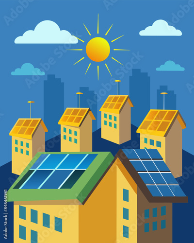 Solar panels shine brightly on the rooftops of empty buildings their energy production going to waste as there are no occupants to use it.. Vector illustration