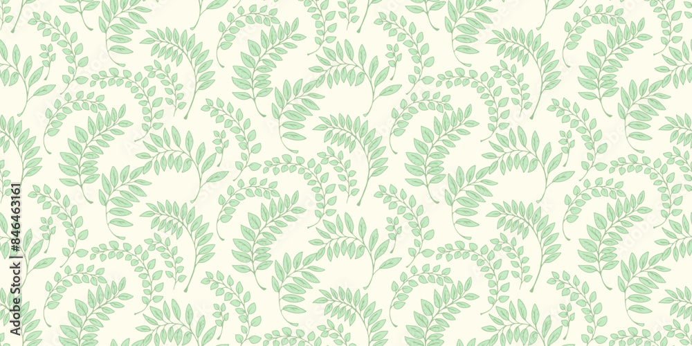 Abstract green branches leaves scattered randomly in a seamless pattern. Vector hand drawing sketch. Creative tiny leaf stems printing on a light background. Template for design Abstract green branches leaves scattered randomly in a seamless pattern. Vector hand drawing sketch. Creative tiny leaf stems printing on a light background. Template for design