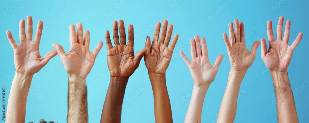 Many hands were raised in class, with a blue background Many hands were raised in class, with a blue background