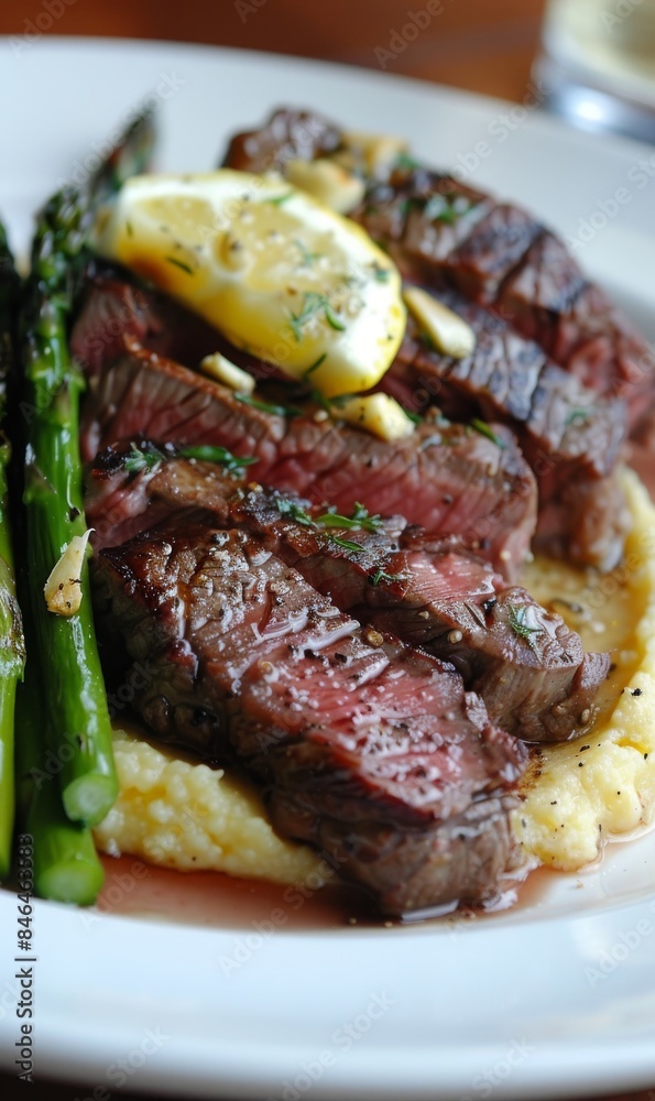 Elegant dining with beef steak, garlic butter, creamy polenta, and fresh asparagus on a white plate Elegant dining with beef steak, garlic butter, creamy polenta, and fresh asparagus on a white plate