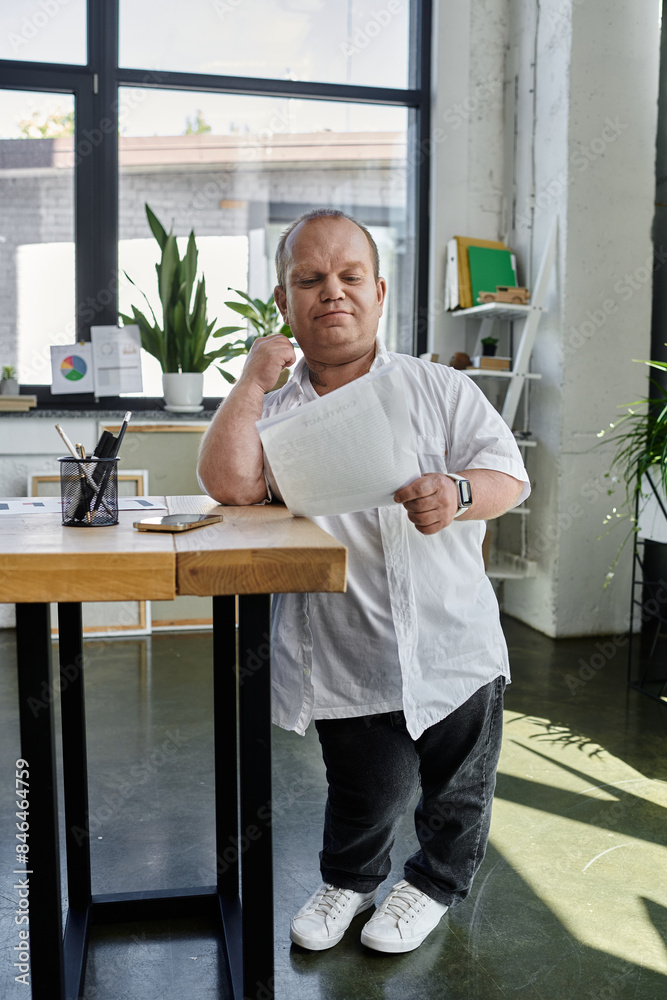 Fototapeta premium A man with inclusivity in a white shirt stands at a desk, reviewing documents in a bright office setting.