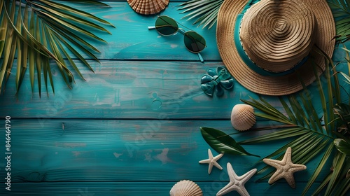 Flat lay of summer accessories on wooden background with copy space, beach hat and sunglasses, palm leaves and sea shells, top view, banner design.