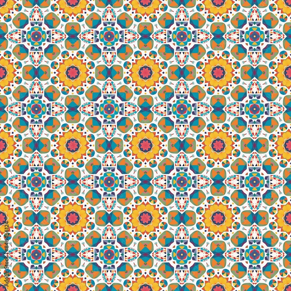 yellow, blue and red ornamentally designed tile pattern on a white background