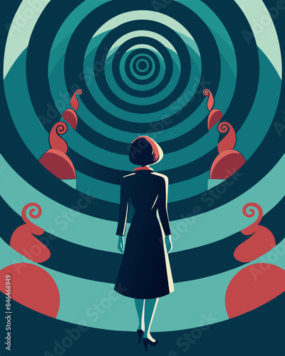 The repetitive propaganda had a spiraling effect causing her to question her own thoughts and surrender to the brainwashing techniques.. Vector illustration