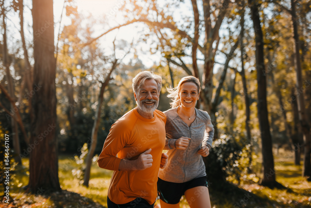 Fototapeta premium Middle-aged couple joyfully running in the park, sporting sportswear and radiant smiles. Despite subtle wrinkles around their eyes, they exude youthfulness. Background features lush greenery park
