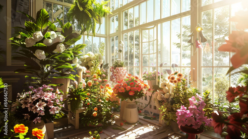 A cozy conservatory bathed in sunlight  overflowing with numerous vibrant  colorful flowers in full bloom.