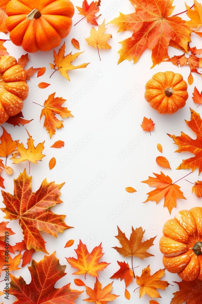Fototapeta premium Autumn leaves and golden pumpkins composition with ample text space for thanksgiving