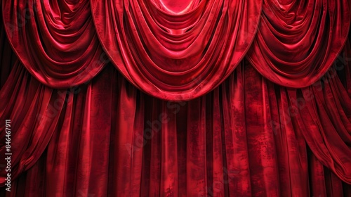 Red stage curtain with space for text on dark background. Theater, cinema or performance scene concept. photo