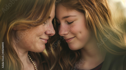 A mother and daughter share an intimate, serene moment with eyes closed, gently bringing their faces together, creating a peaceful and loving ambiance.