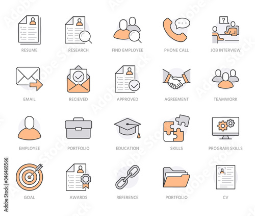 Resume flat line icons set. Hr human resources, job application, interview employee profile, teamwork, work experience vector illustrations Portfolio outline signs. Orange color, Editable Stroke