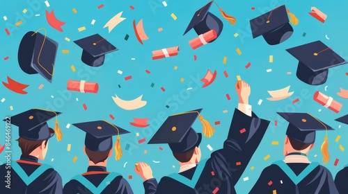 Vibrant illustration features graduates throwing their caps into the air, a traditional gesture of joy at graduation ceremonies
