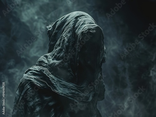 Mysterious Hooded Figure in Dark Cloak Surrounded by Mist and Shadows, Eerie and Atmospheric Scene Perfect for Fantasy, Horror, or Gothic Themes