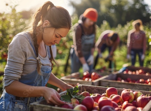 A woman with obscured face is picking ripe apples into a wooden crate with more people harvesting in the background
