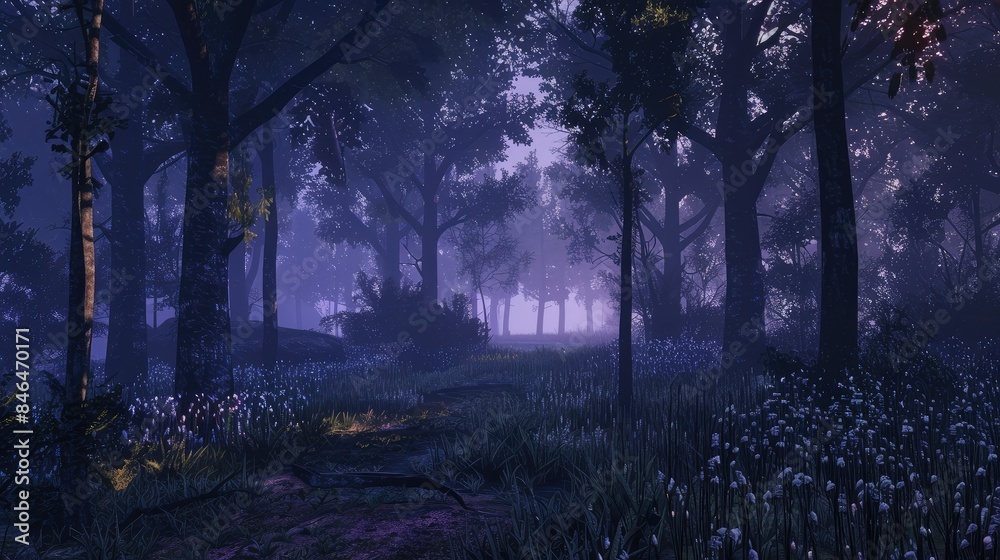 Fototapeta premium Moody forest at twilight with eerie glow