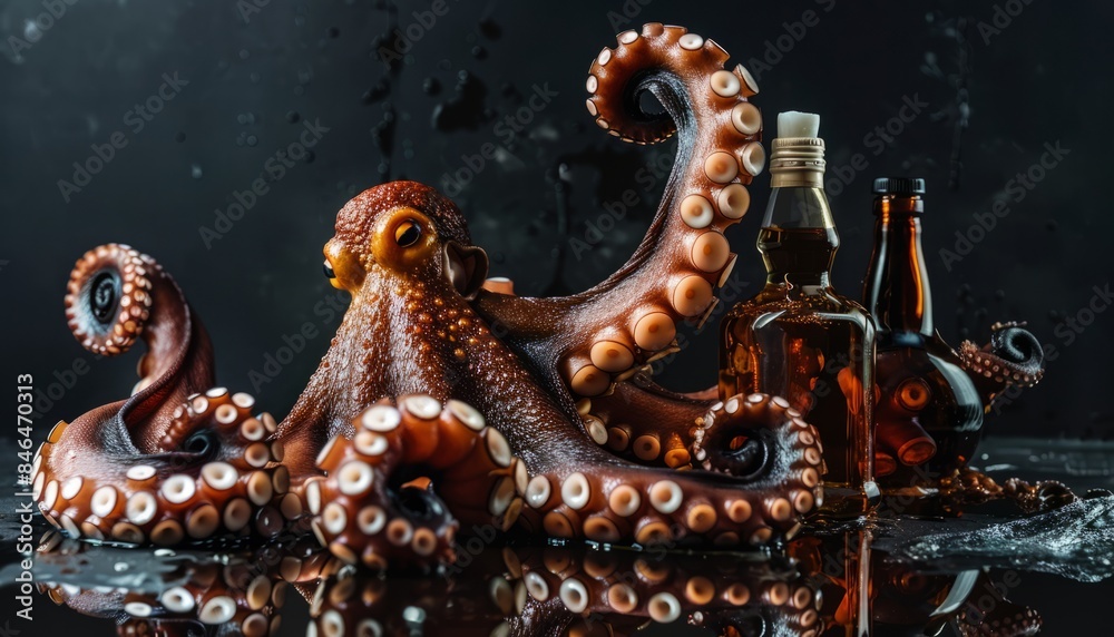 Obraz premium Underwater Mixology: Octopus tentacle serving spirits on mirror surface