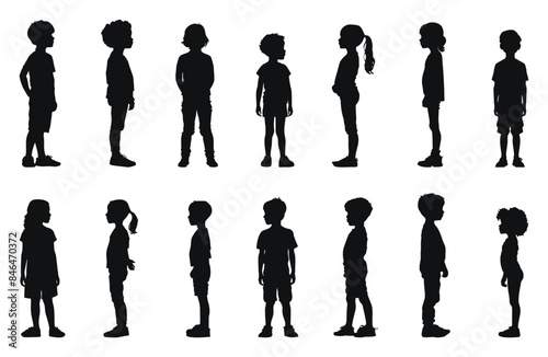 Standing children silhouettes vector black and white illustration. Kids waiting in various poses from side view.