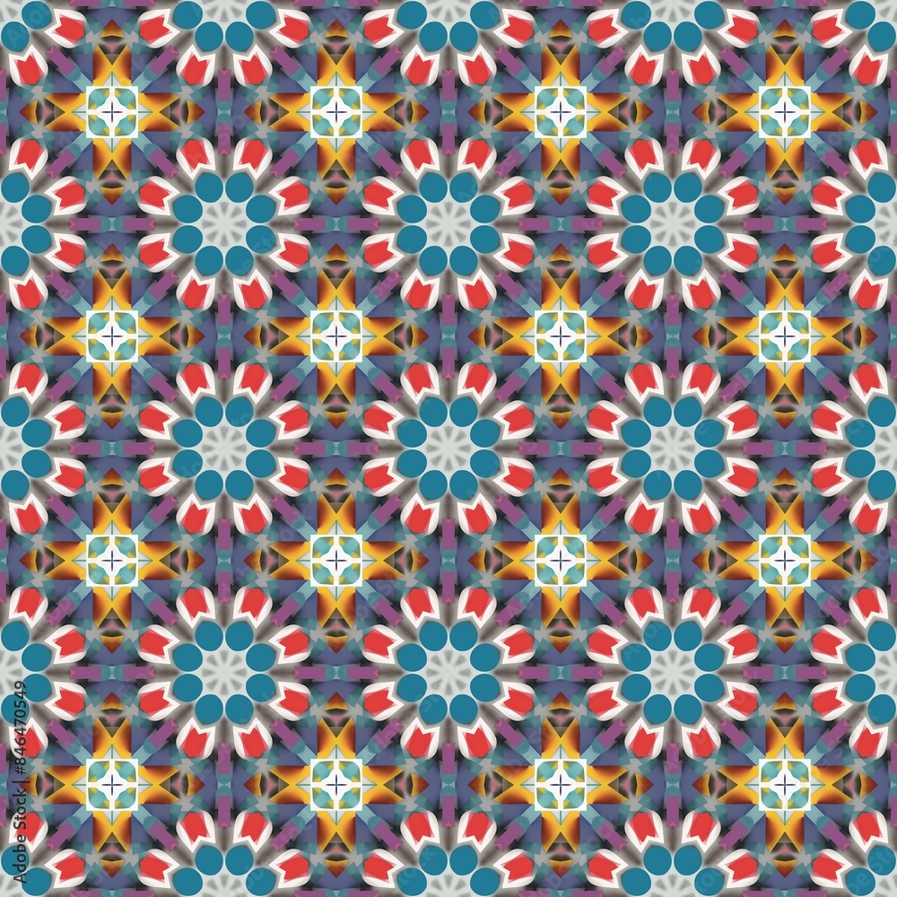 Seamless geometric pattern with vibrant colors and symmetrical shapes. Seamless geometric pattern with vibrant colors and symmetrical shapes.