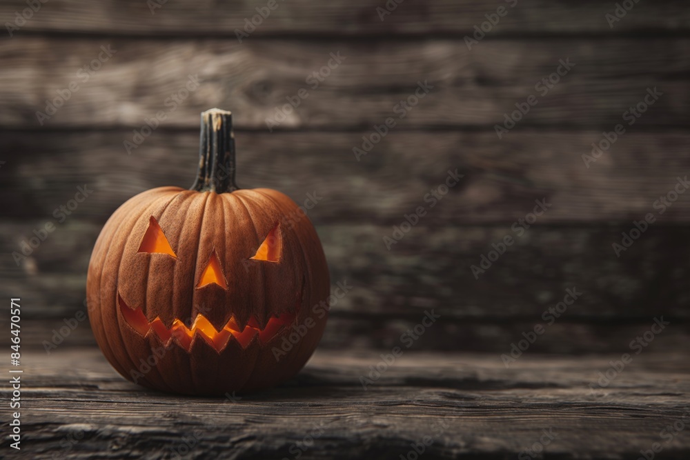 Obraz premium A spooky pumpkin with a carved face glowing on a wooden surface, perfect for Halloween-themed projects and eerie decorations. Copy space. 