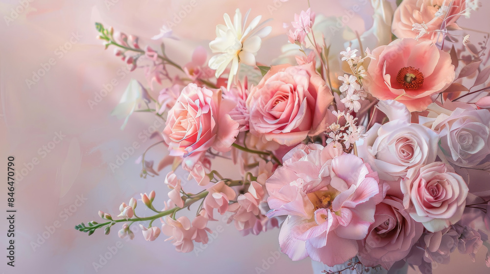 A delicate bouquet of pastel flowers, blending roses, daisies, and other blossoms against a soft, ethereal background.