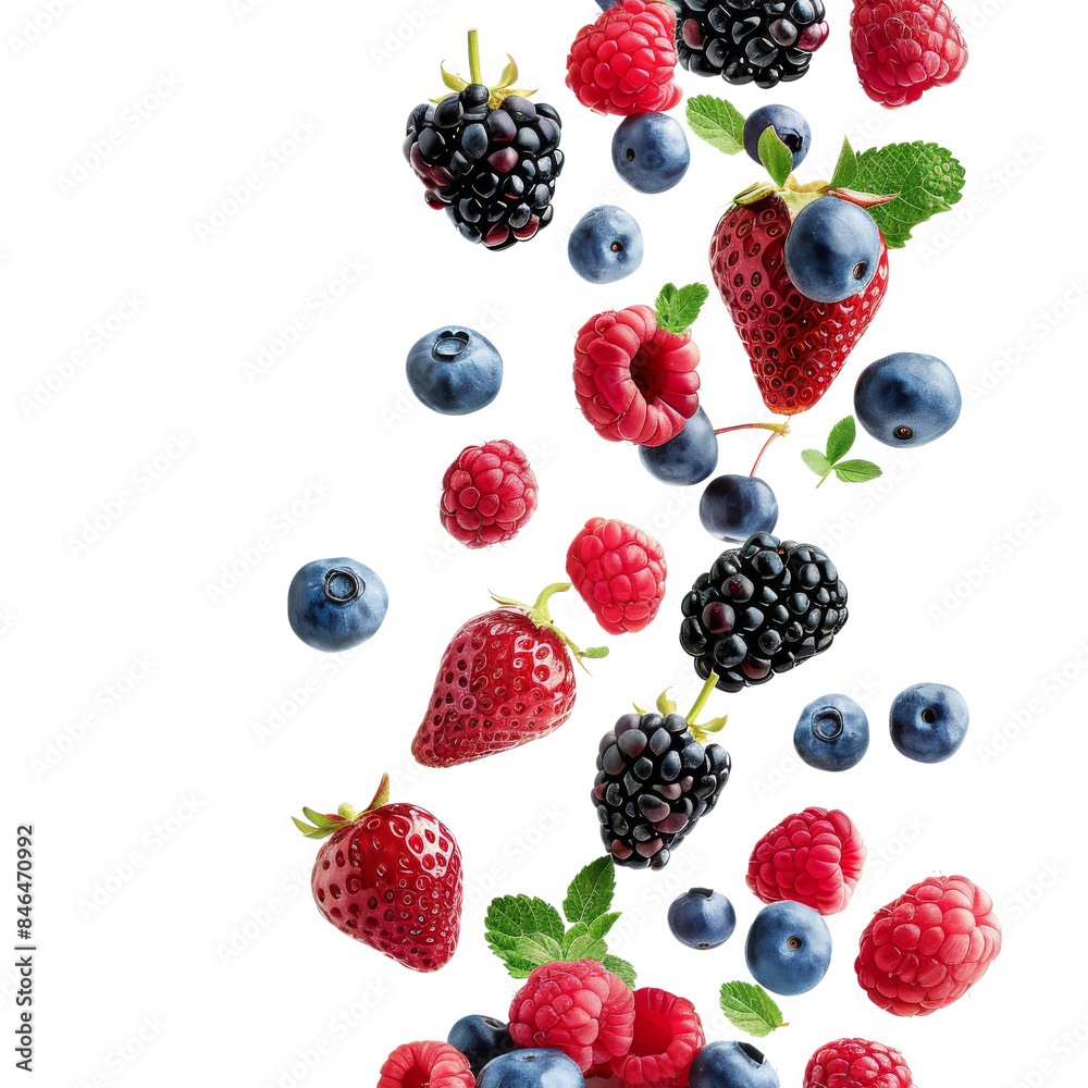 A vibrant assortment of fresh berries including strawberries, blackberries, raspberries, and blueberries, isolated on a white background. A vibrant assortment of fresh berries including strawberries, blackberries, raspberries, and blueberries, isolated on a white background.