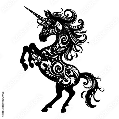 Intricate Silhouette of a Prancing Unicorn with Ornate Patterns