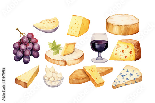 Watercolor illustration set clipart of cheeses for wine, design, print, vector