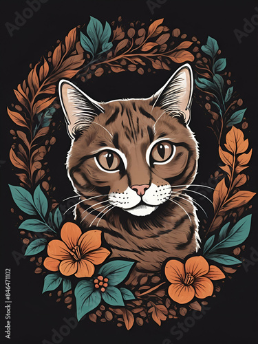 AI generated illustration of a cat surrounded by flowers on black t-shirt © Wirestock