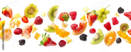 A vibrant mix of fresh fruits including kiwi, strawberry, orange, and berry slices, showcasing a colorful and healthy assortment.