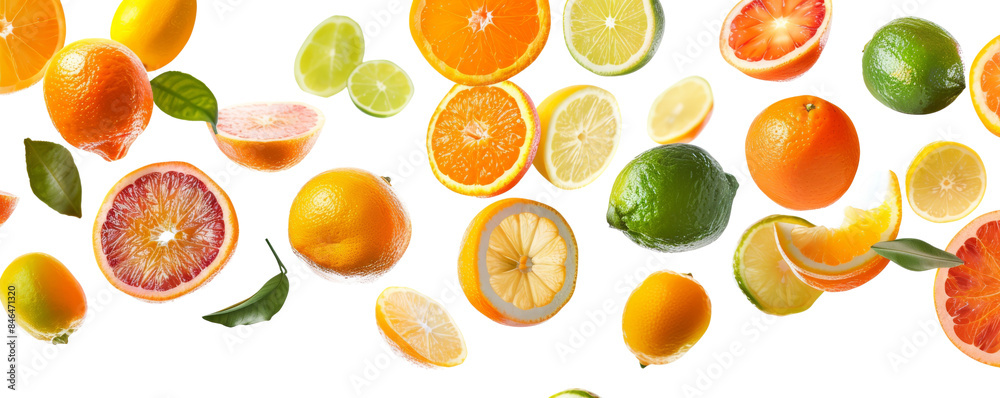 Assorted citrus fruits including lime, lemon, orange, and grapefruit slices isolated on white background, showcasing vibrant colors. Assorted citrus fruits including lime, lemon, orange, and grapefruit slices isolated on white background, showcasing vibrant colors.