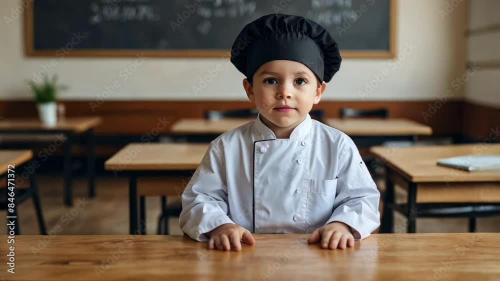 Boy in a cook suit with chef hat on head looking at the camera against blurred school classroom Boy in a cook suit with chef hat on head looking at the camera against blurred school classroom