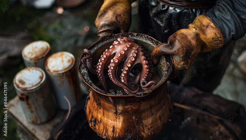 Harvesting Freshly Boiled Octopus in a Rustic Setting Harvesting Freshly Boiled Octopus in a Rustic Setting