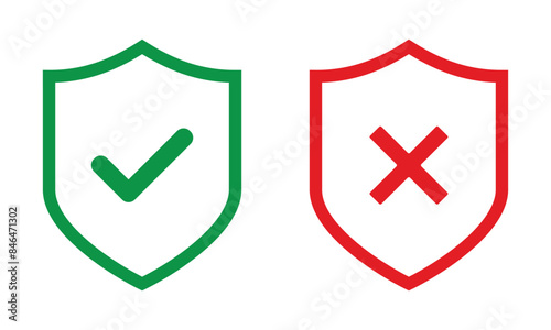 shield icon with tick and cross mark. green red protected and unprotected symbol for app, ui, website. vector illustration on transparent background.
