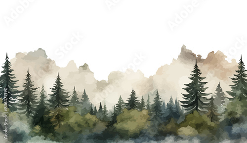 Watercolor mountains spruce trees landscape border, isolated hand drawn, watercolor illustration transparent background
