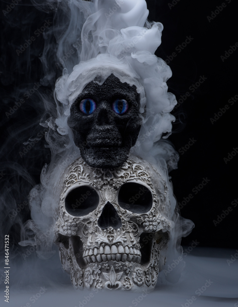 Day of the dead sculls with fog and smoke flowing and surrounding Day of the dead sculls with fog and smoke flowing and surrounding