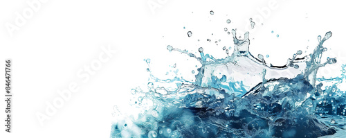 Dynamic splash of blue water with droplets freezing in mid-air, creating a dramatic and refreshing visual effect against a pure black background.
