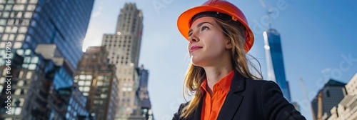 Empowering female leadership in construction  woman in helmet commanding workers on site photo