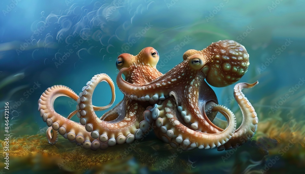 Naklejka premium Octo-Playmates: A whimsical duo of octopuses frolicking together