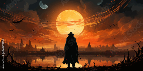 wizard of crows casting a spell in the mysterious field with solar eclipse, digital art style, illustration painting