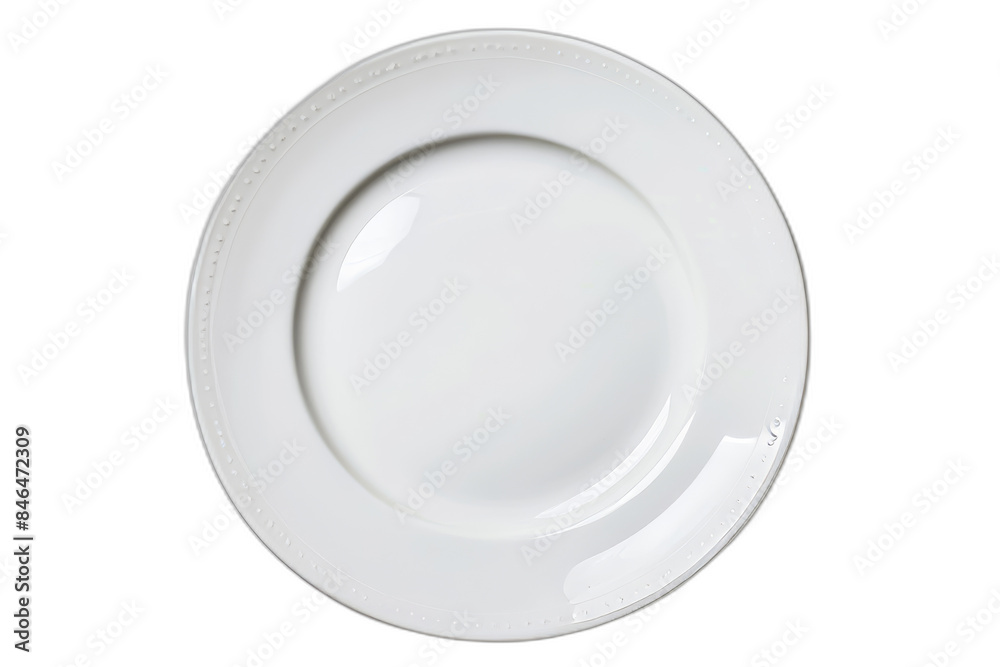 From above, an empty ceramic round plate is isolated on a white background. From above, an empty ceramic round plate is isolated on a white background.