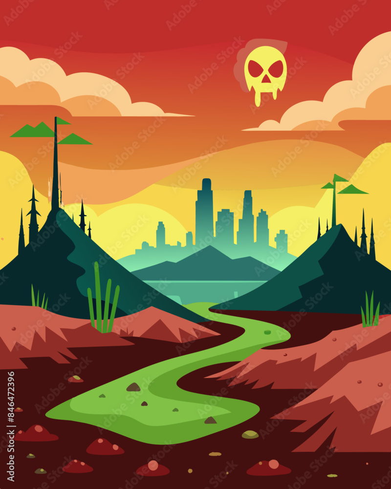 The landscape is scarred with toxic waste sites a reminder of the irreversible damage that has been done to the environment.. Vector illustration The landscape is scarred with toxic waste sites a reminder of the irreversible damage that has been done to the environment.. Vector illustration