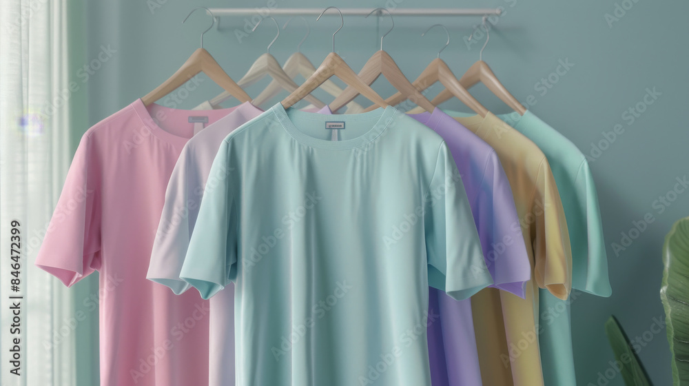 A serene arrangement of pastel-colored T-shirts on wooden hangers against a light blue wall, evoking a sense of calm and subtle elegance. A serene arrangement of pastel-colored T-shirts on wooden hangers against a light blue wall, evoking a sense of calm and subtle elegance.