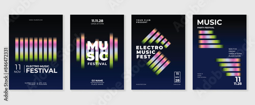 Music poster design background vector set. Electro Sound Cover template with vibrant abstract gradient geometric wave. Ideal design for social media, flyer, party, music festival, club.