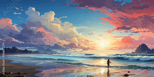 woman holding a colorful surfboard standing on the beach looking at the sky, digital art style, illustration painting