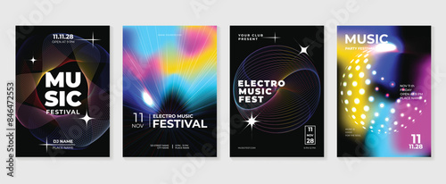 Music poster design background vector set. Electro Sound Cover template with vibrant abstract gradient line wave. Ideal design for social media, flyer, party, music festival, club.